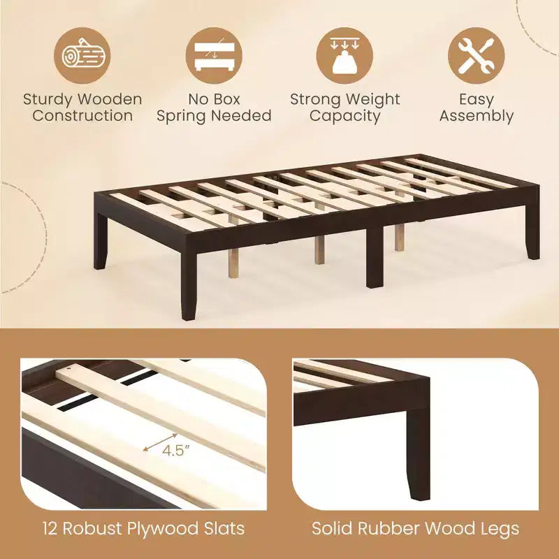 Struttura Letto a Piattaforma in Legno per Materasso Matrimoniale/Piazza e Mezza/Queen Size 14 con Gambe in Legno di Gomma, Contenitore Sottoletto, Marrone