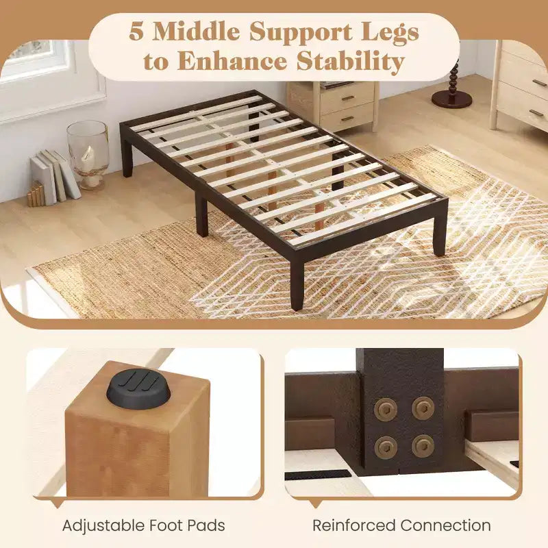 Struttura Letto a Piattaforma in Legno per Materasso Matrimoniale/Piazza e Mezza/Queen Size 14 con Gambe in Legno di Gomma, Contenitore Sottoletto, Marrone