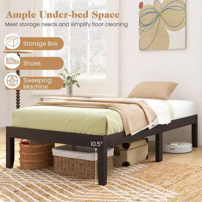 Struttura Letto a Piattaforma in Legno per Materasso Matrimoniale/Piazza e Mezza/Queen Size 14 con Gambe in Legno di Gomma, Contenitore Sottoletto, Marrone