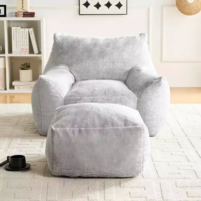 Poltrona Sacco Moderna, Poltrona Sacco Grande in Tessuto di Pelliccia di Coniglio Sintetica con Pouf Ottomano