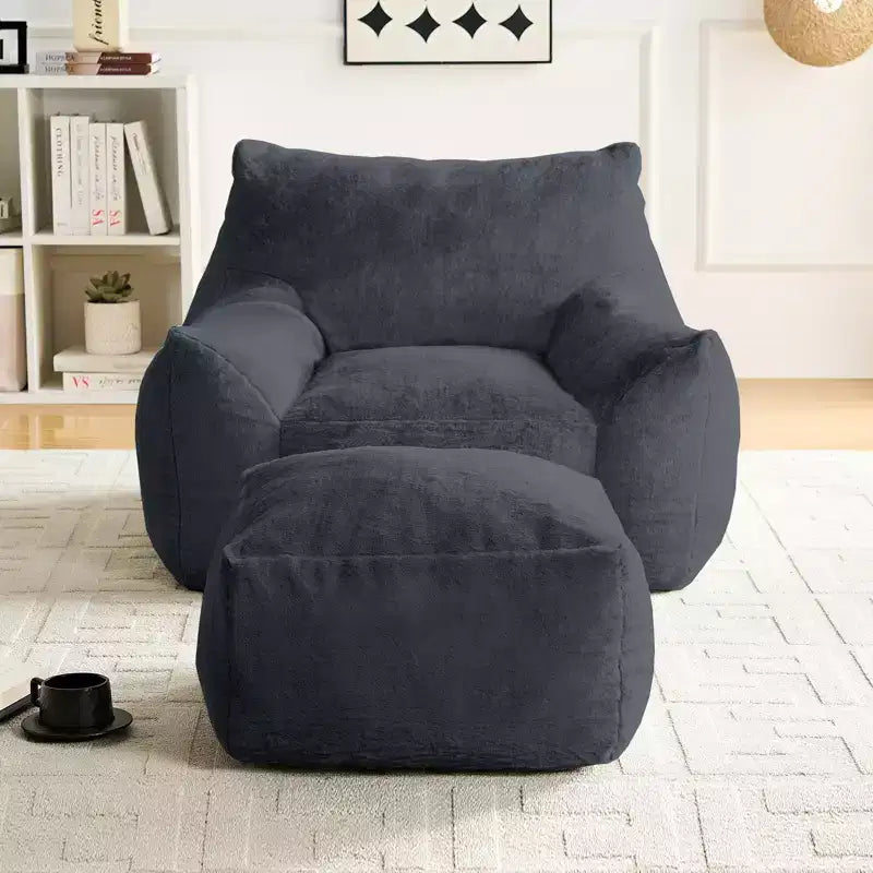Poltrona Sacco Moderna, Poltrona Sacco Grande in Tessuto di Pelliccia di Coniglio Sintetica con Pouf Ottomano