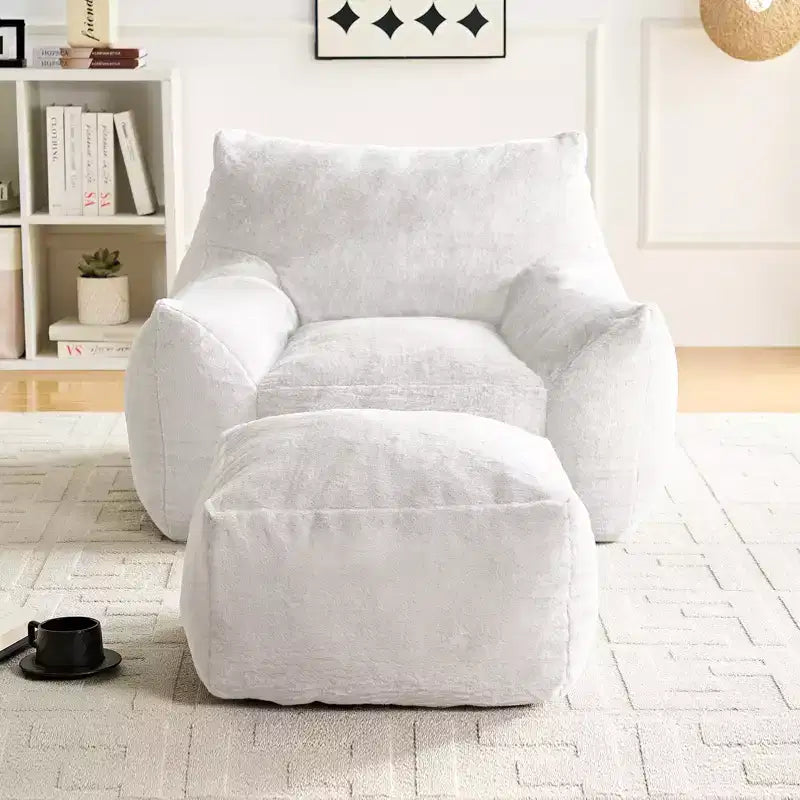 Poltrona Sacco Moderna, Poltrona Sacco Grande in Tessuto di Pelliccia di Coniglio Sintetica con Pouf Ottomano