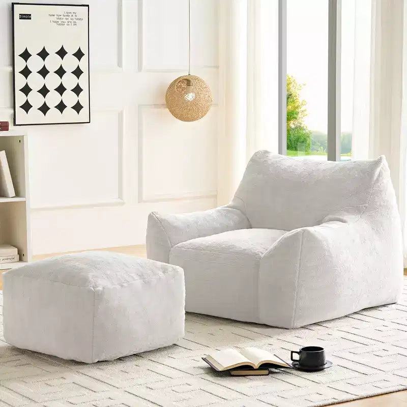 Poltrona Sacco Moderna, Poltrona Sacco Grande in Tessuto di Pelliccia di Coniglio Sintetica con Pouf Ottomano