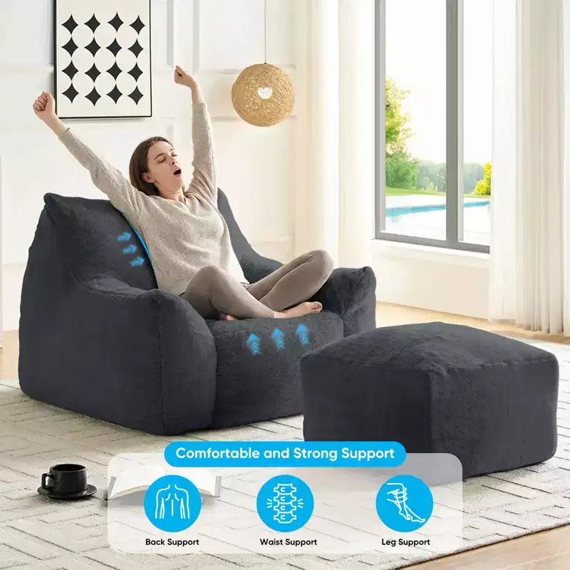 Poltrona Sacco Moderna, Poltrona Sacco Grande in Tessuto di Pelliccia di Coniglio Sintetica con Pouf Ottomano