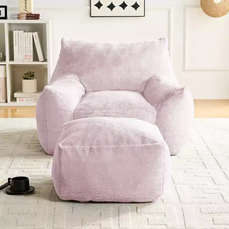Poltrona Sacco Moderna, Poltrona Sacco Grande in Tessuto di Pelliccia di Coniglio Sintetica con Pouf Ottomano