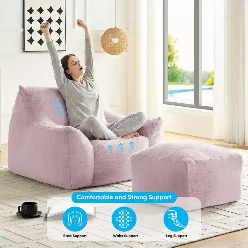 Poltrona Sacco Moderna, Poltrona Sacco Grande in Tessuto di Pelliccia di Coniglio Sintetica con Pouf Ottomano