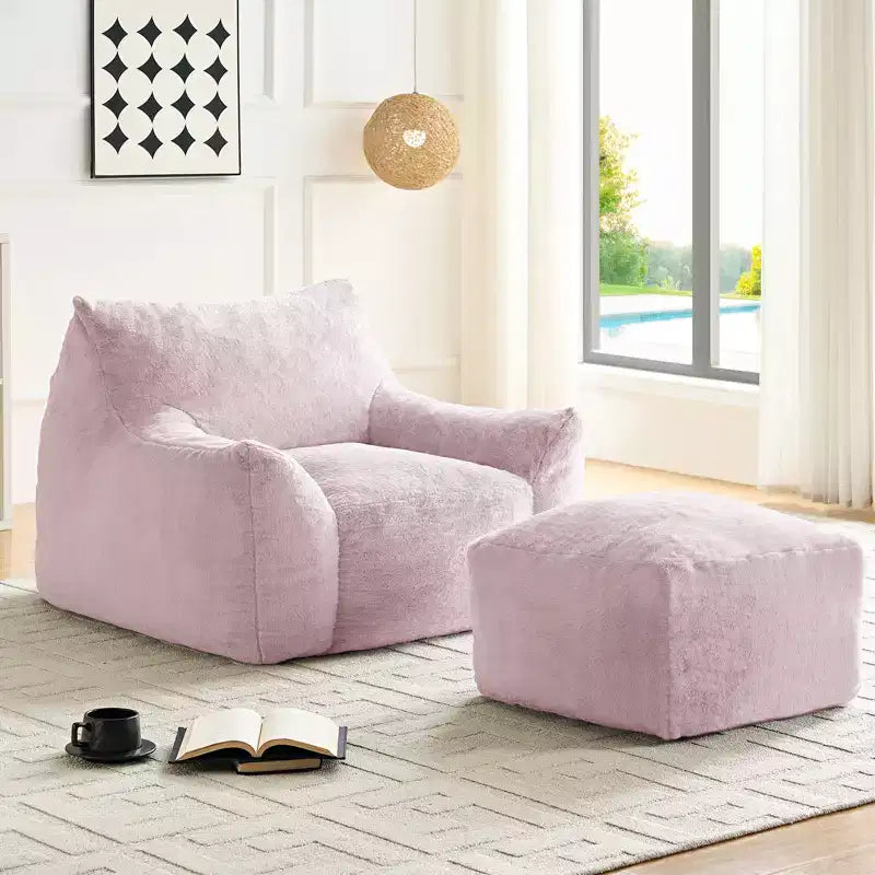 Poltrona Sacco Moderna, Poltrona Sacco Grande in Tessuto di Pelliccia di Coniglio Sintetica con Pouf Ottomano