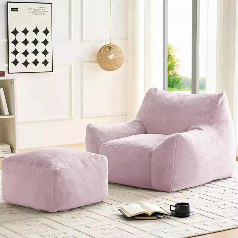 Poltrona Sacco Moderna, Poltrona Sacco Grande in Tessuto di Pelliccia di Coniglio Sintetica con Pouf Ottomano