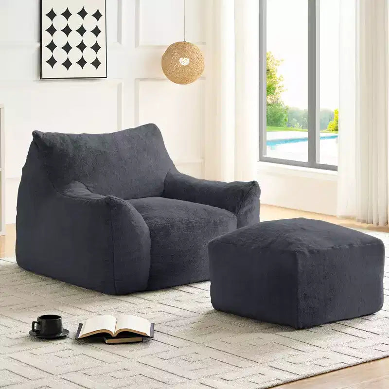 Poltrona Sacco Moderna, Poltrona Sacco Grande in Tessuto di Pelliccia di Coniglio Sintetica con Pouf Ottomano