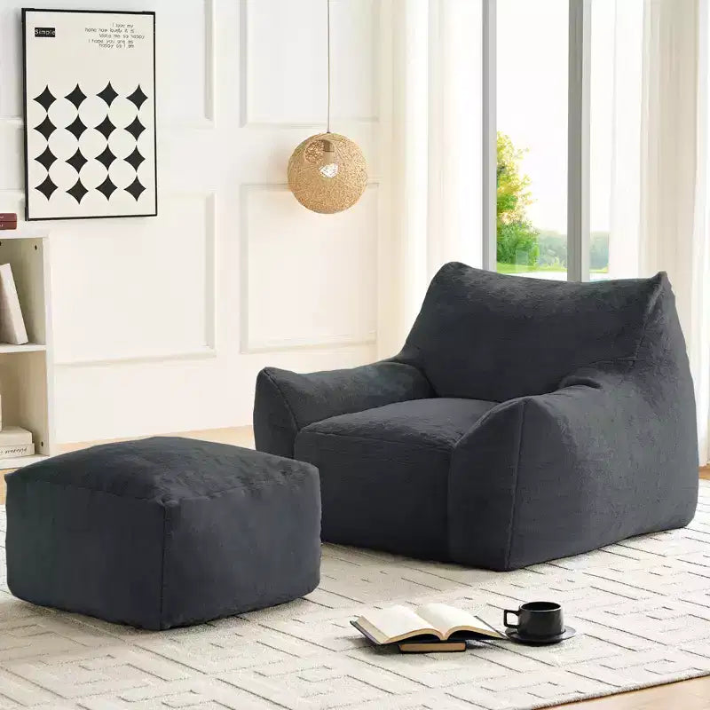 Poltrona Sacco Moderna, Poltrona Sacco Grande in Tessuto di Pelliccia di Coniglio Sintetica con Pouf Ottomano