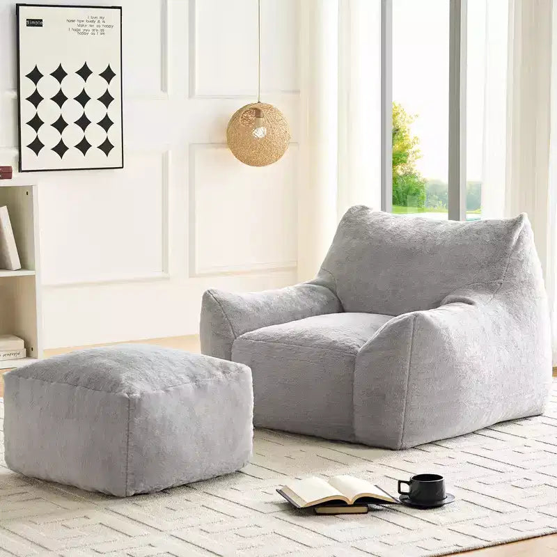 Poltrona Sacco Moderna, Poltrona Sacco Grande in Tessuto di Pelliccia di Coniglio Sintetica con Pouf Ottomano