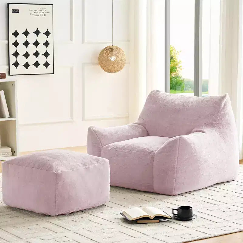 Poltrona Sacco Moderna, Poltrona Sacco Grande in Tessuto di Pelliccia di Coniglio Sintetica con Pouf Ottomano