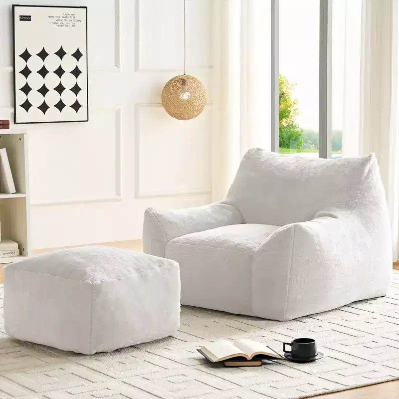 Poltrona Sacco Moderna, Poltrona Sacco Grande in Tessuto di Pelliccia di Coniglio Sintetica con Pouf Ottomano