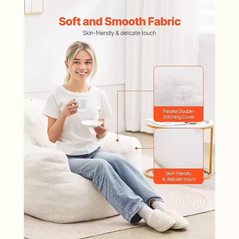 Pouf a sacco, Pouf a sacco da 90 cm con morbidi braccioli e tasca portaoggetti, Imbottito in memory foam 25D con morbido rivestimento in velluto teddy, Bianco