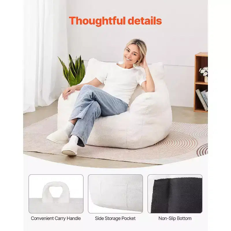 Pouf a sacco, Pouf a sacco da 90 cm con morbidi braccioli e tasca portaoggetti, Imbottito in memory foam 25D con morbido rivestimento in velluto teddy, Bianco