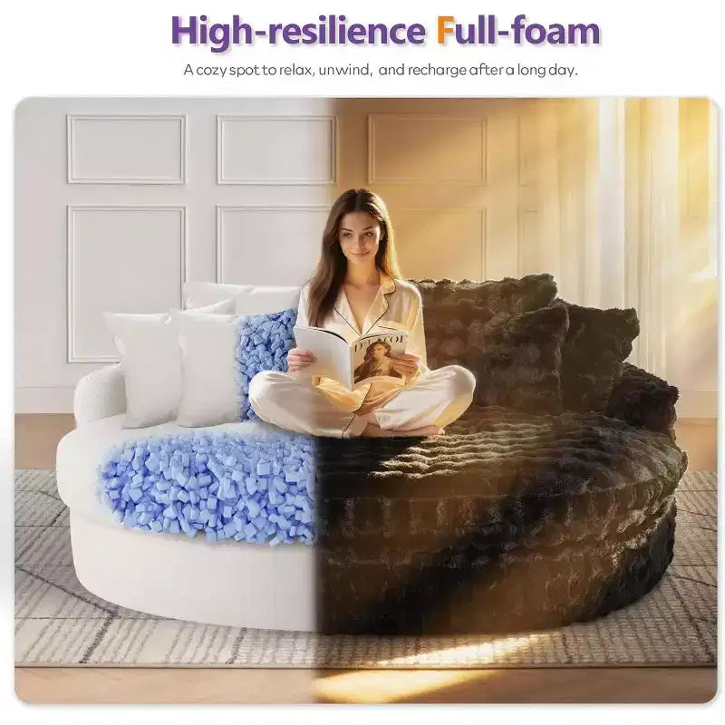 Divano rotondo oversize da 83 pollici, divano letto con cuscino morbido e 6 cuscini, chaise longue rotonda per camera da letto, soggiorno