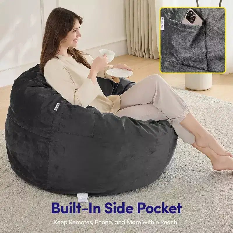 Poltrona sacco 3FT, poltrona sacco grande rotonda in schiuma per adulti di tutte le età, rivestimento sfoderabile in velluto
