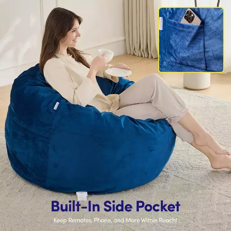 Poltrona sacco 3FT, poltrona sacco grande rotonda in schiuma per adulti di tutte le età, rivestimento sfoderabile in velluto