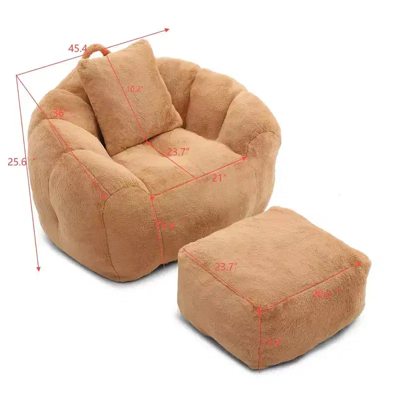 Poltrona a sacco d'accento in pelliccia sintetica con pouf e cuscino, color kaki