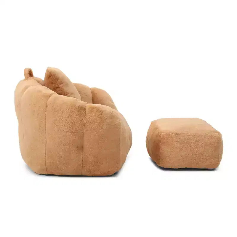 Poltrona a sacco d'accento in pelliccia sintetica con pouf e cuscino, color kaki