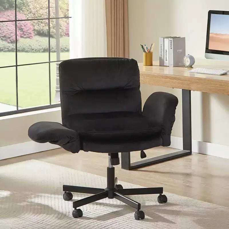 Sedia incrociata con braccioli e ruote, Sedia ergonomica da ufficio con gambe incrociate, Sedia da scrivania per ufficio e postazione trucco