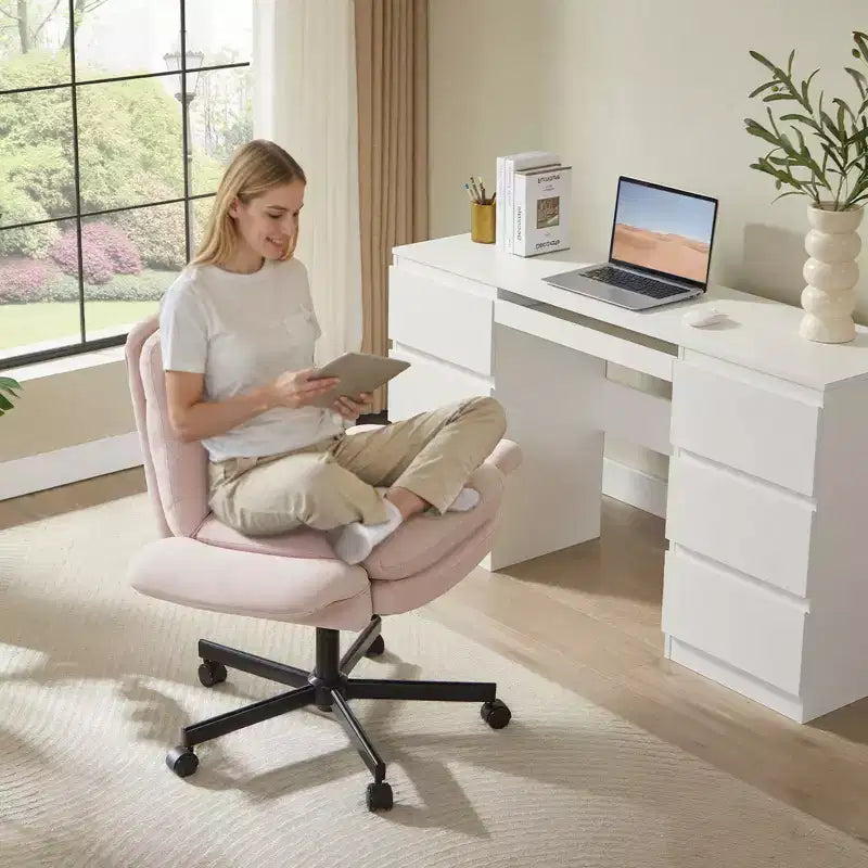 Sedia incrociata con braccioli e ruote, Sedia ergonomica da ufficio con gambe incrociate, Sedia da scrivania per ufficio e postazione trucco