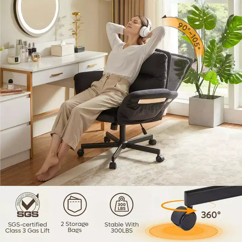 Sedia incrociata con braccioli e ruote, Sedia ergonomica da ufficio con gambe incrociate, Sedia da scrivania per ufficio e postazione trucco