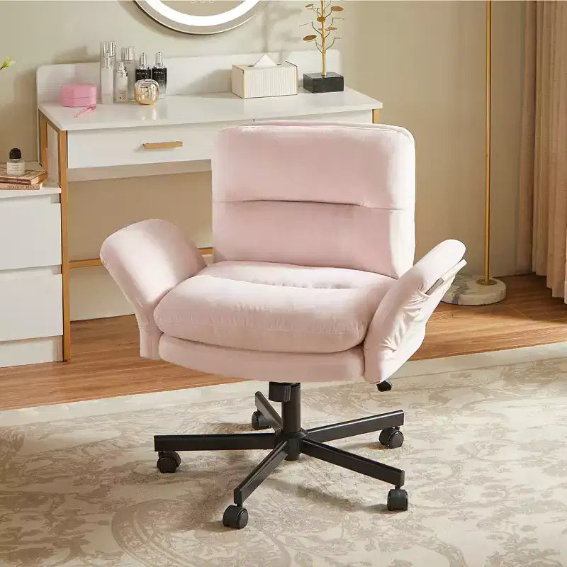 Sedia incrociata con braccioli e ruote, Sedia ergonomica da ufficio con gambe incrociate, Sedia da scrivania per ufficio e postazione trucco