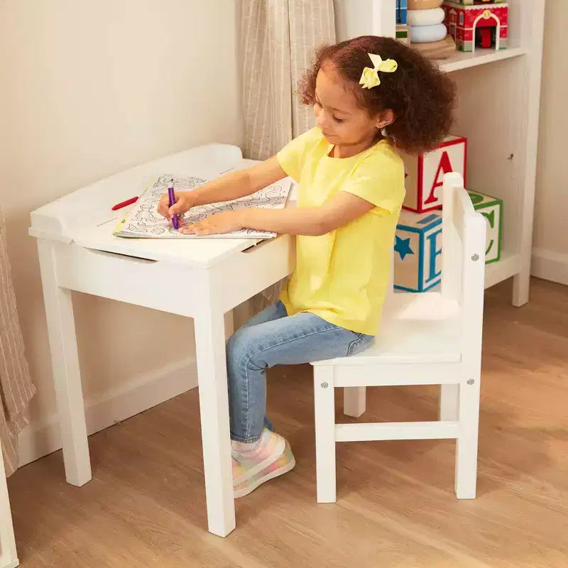 Scrivania e Sedia in Legno per Bambini con Piano Sollevabile - Bianco: Set da Ufficio a Altezza Fissa con Contenitore