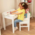 Scrivania e Sedia in Legno per Bambini con Piano Sollevabile - Bianco: Set da Ufficio a Altezza Fissa con Contenitore
