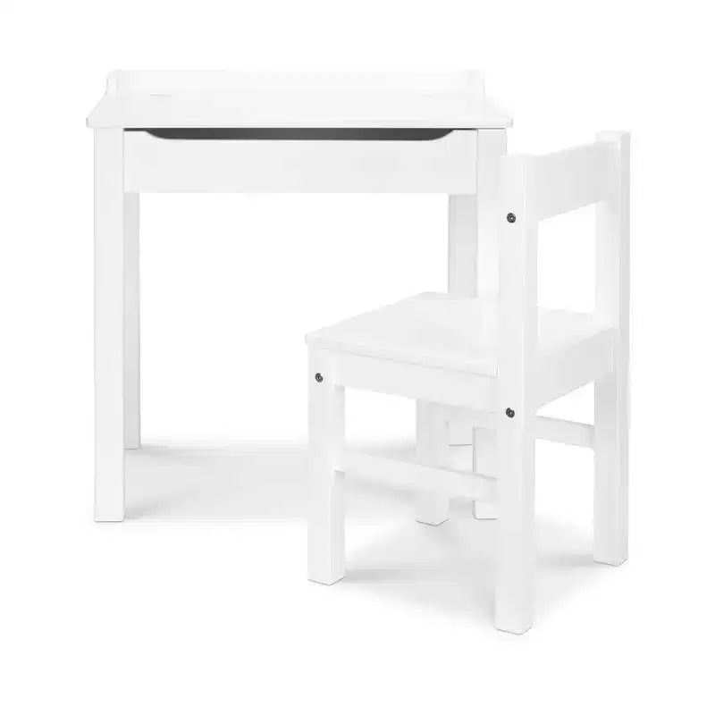 Scrivania e Sedia in Legno per Bambini con Piano Sollevabile - Bianco: Set da Ufficio a Altezza Fissa con Contenitore