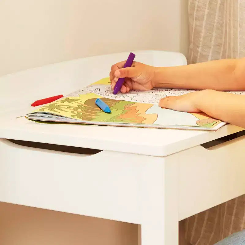 Scrivania e Sedia in Legno per Bambini con Piano Sollevabile - Bianco: Set da Ufficio a Altezza Fissa con Contenitore