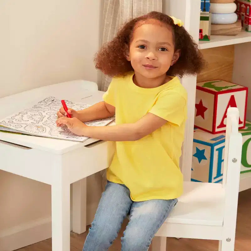 Scrivania e Sedia in Legno per Bambini con Piano Sollevabile - Bianco: Set da Ufficio a Altezza Fissa con Contenitore
