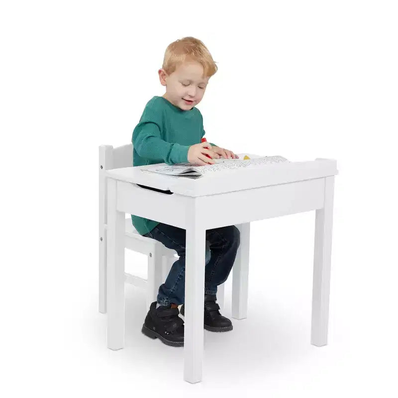 Scrivania e Sedia in Legno per Bambini con Piano Sollevabile - Bianco: Set da Ufficio a Altezza Fissa con Contenitore