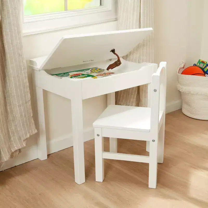 Scrivania e Sedia in Legno per Bambini con Piano Sollevabile - Bianco: Set da Ufficio a Altezza Fissa con Contenitore