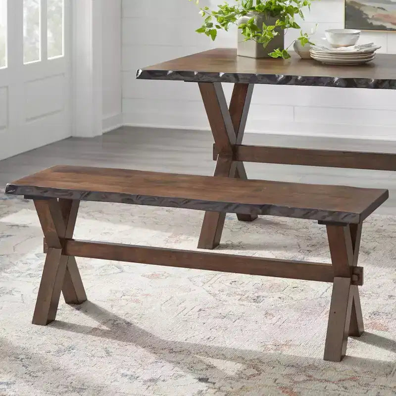 Buylateral Mandeville Rustic Live Edge Solid Wood Dining Bench Walnut: Wood Frame, Rectangular, Seats 2, Varnished Finish