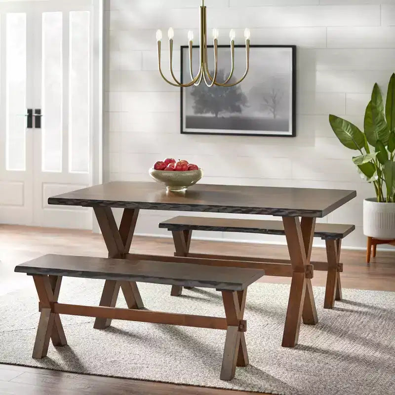 Panca da pranzo Mandeville Rustic Live Edge in legno massello noce: struttura in legno, rettangolare, 2 posti, finitura verniciata