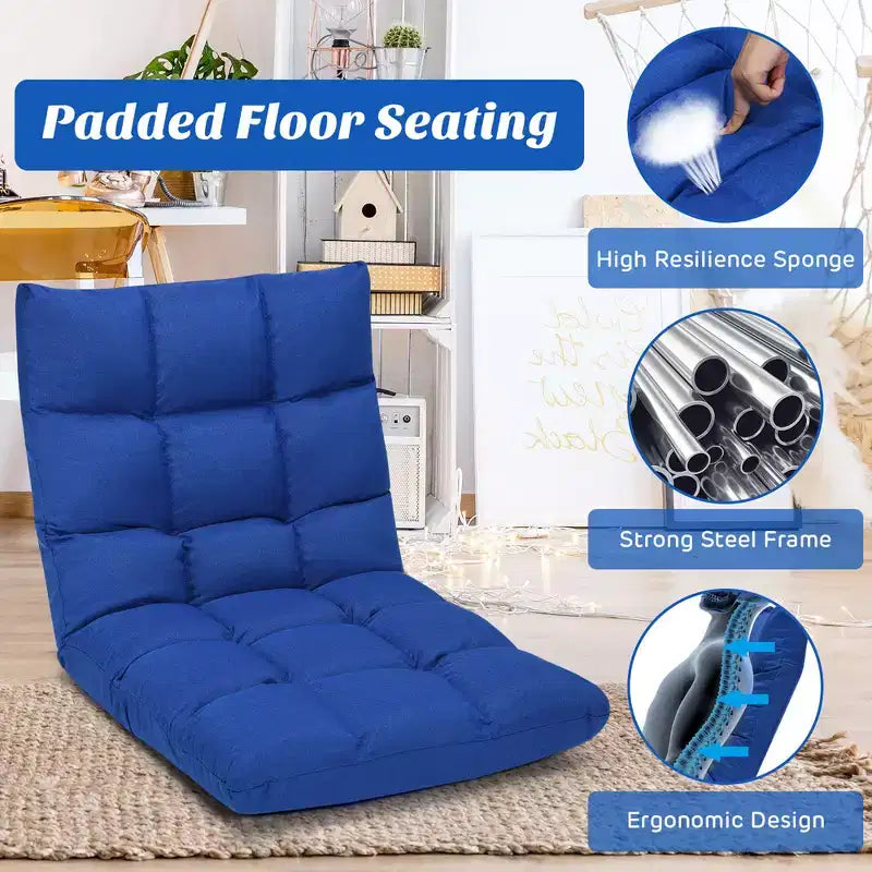 Sedia da Pavimento Pieghevole Regolabile a 14 Posizioni per Gioco, Divano Lounge Pigro Grigio/Blu/Caffè