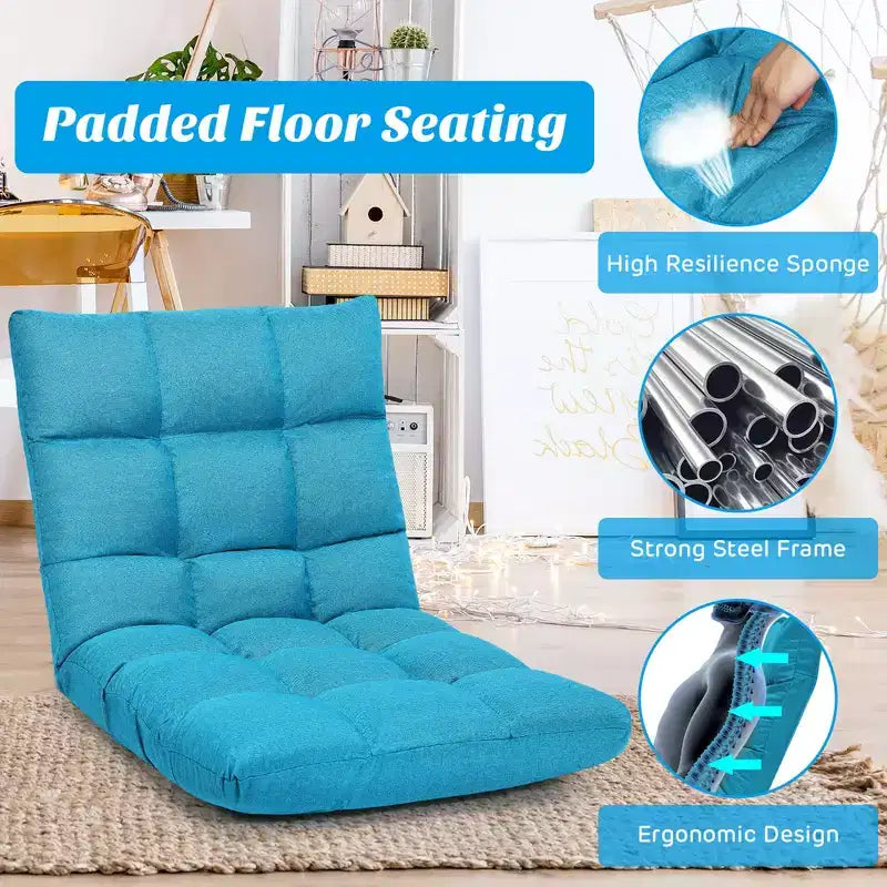 Sedia da Pavimento Pieghevole Regolabile a 14 Posizioni per Gioco, Divano Lounge Pigro Grigio/Blu/Caffè