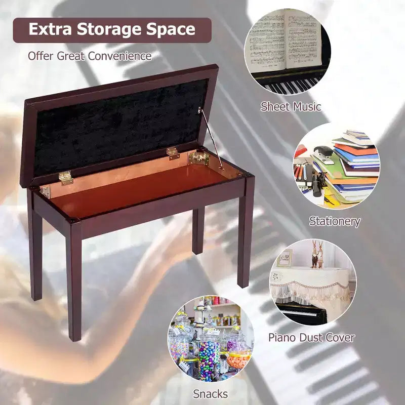 Panca per Pianoforte in Pelle PU con Imbottitura Doppia per Duetto Tastiera, Vano Portaoggetti, Marrone