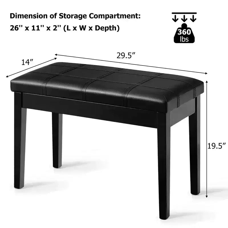 Panca per pianoforte in legno massello con pelle PU, sedile doppio imbottito per tastiera, contenitore, nero