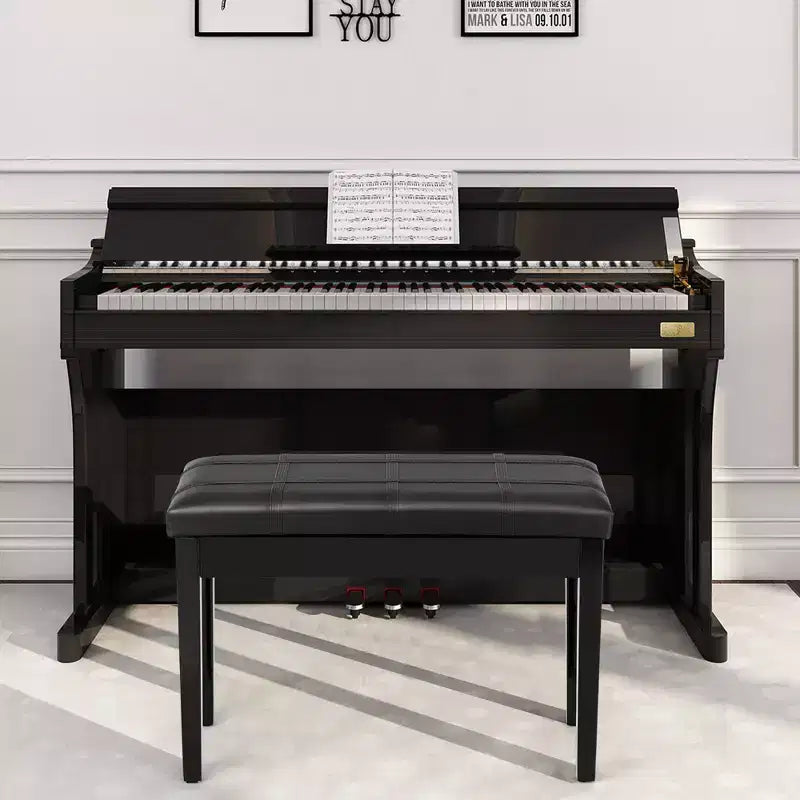 Panca per pianoforte in legno massello con pelle PU, sedile doppio imbottito per tastiera, contenitore, nero