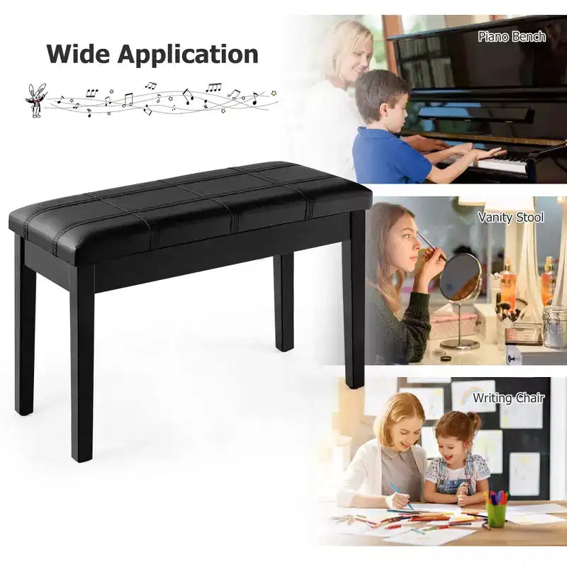 Panca per pianoforte in legno massello con pelle PU, sedile doppio imbottito per tastiera, contenitore, nero