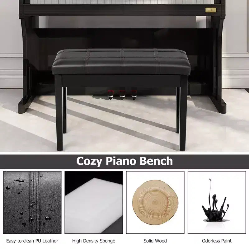 Panca per pianoforte in legno massello con pelle PU, sedile doppio imbottito per tastiera, contenitore, nero