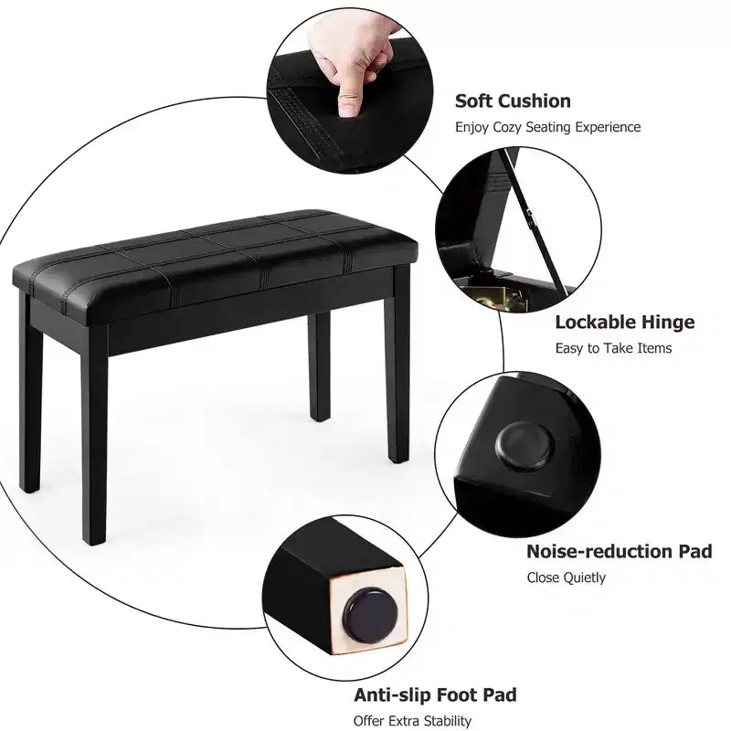 Panca per pianoforte in legno massello con pelle PU, sedile doppio imbottito per tastiera, contenitore, nero