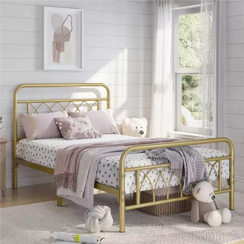 Struttura letto in metallo con testiera e pediera decorate a petalo