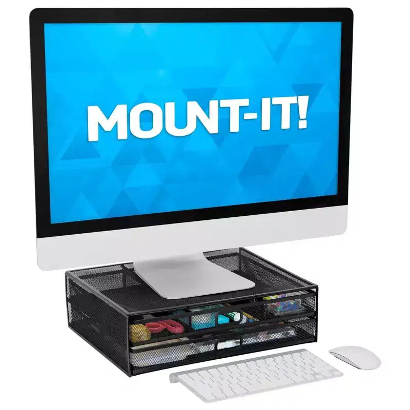 Supporto per monitor per computer con cassetti, rialzo in rete metallica e organizer per laptop e computer, organizer da scrivania con due cassetti estraibili