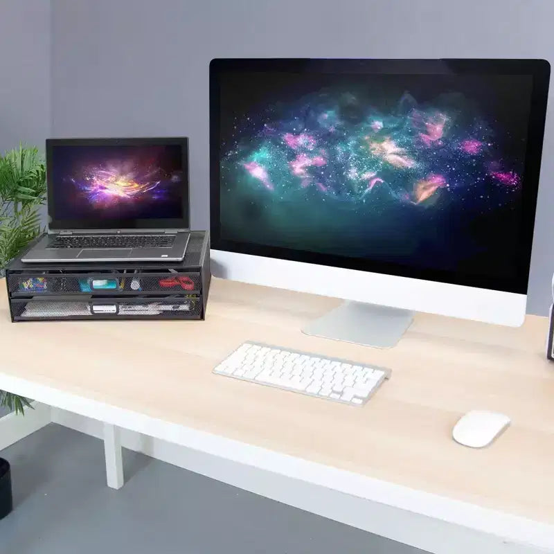 Supporto per monitor per computer con cassetti, rialzo in rete metallica e organizer per laptop e computer, organizer da scrivania con due cassetti estraibili