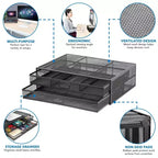 Supporto per monitor per computer con cassetti, rialzo in rete metallica e organizer per laptop e computer, organizer da scrivania con due cassetti estraibili