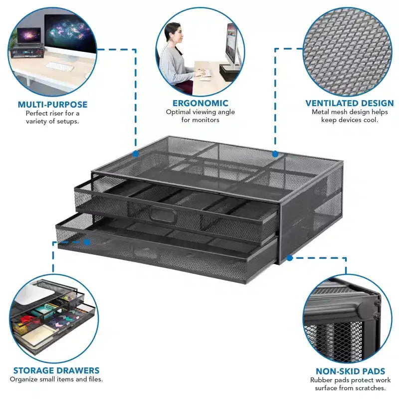 Supporto per monitor per computer con cassetti, rialzo in rete metallica e organizer per laptop e computer, organizer da scrivania con due cassetti estraibili